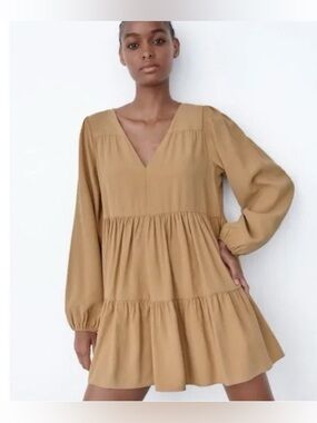 Zara Babydoll V-neck Tiered Mini Dress Bohemian Flowy Women’s S Tan/Beige